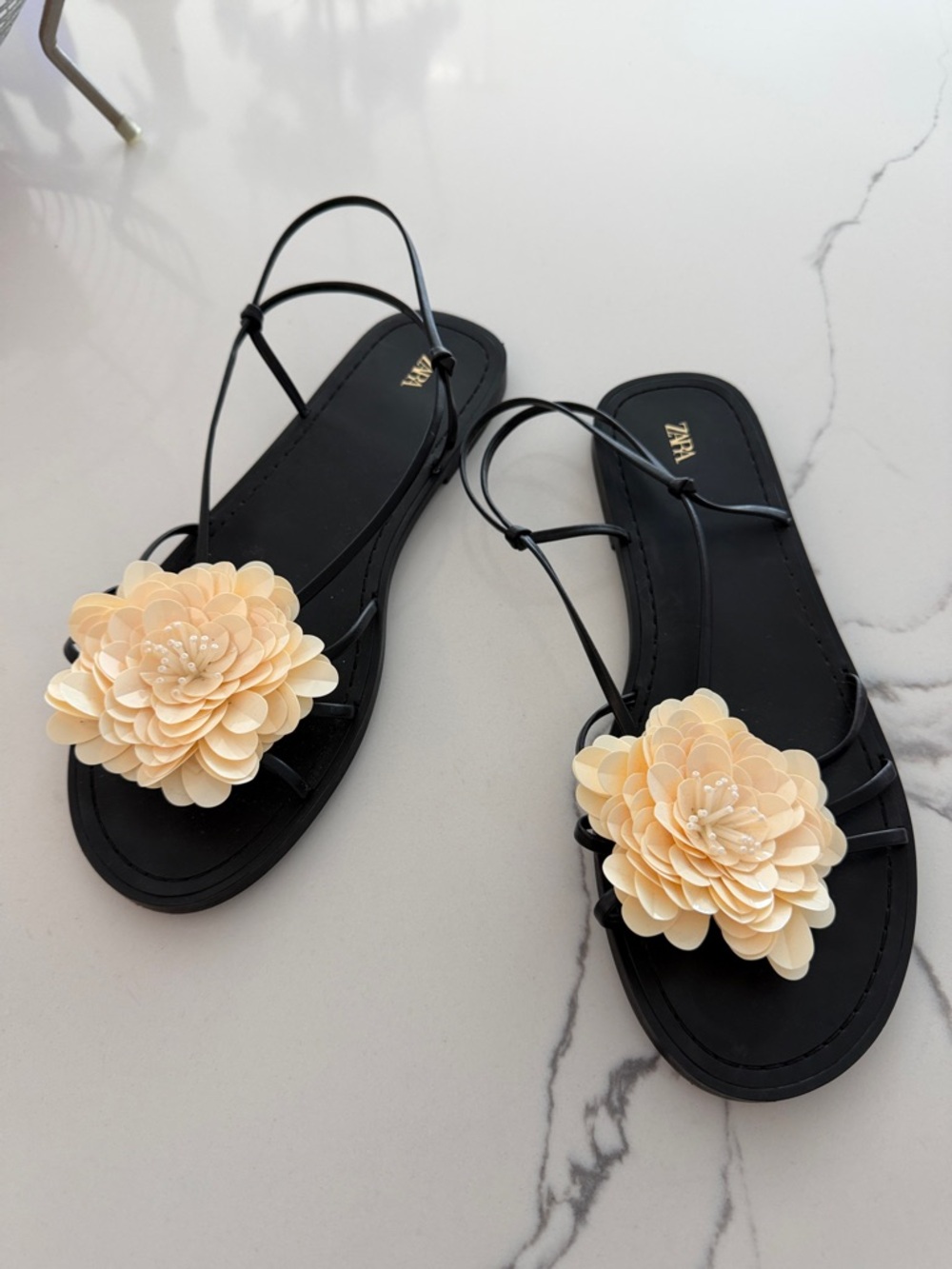 Zara Black Sandals with Cream Floral Appliqués 40